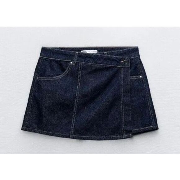 ZARA Wrap Denim Skort Dark Wash Size XL - Picture 1 of 13